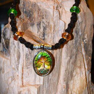 Celtic Tree of Life on a 21" Handmade Black Hemp Chain with Brown & Green Accent